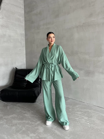 Mint Şal Yaka Kimono Pantolon Takım - 5