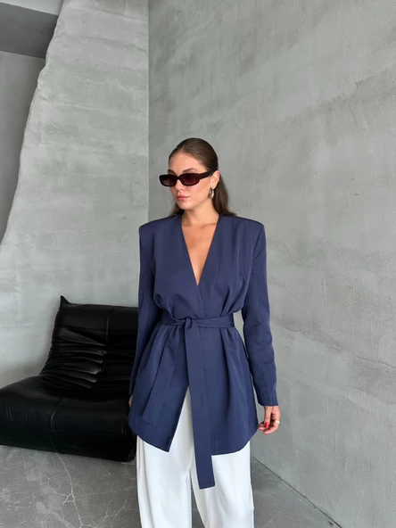 Lacivert Elegant Kuşaklı Ceket - 9