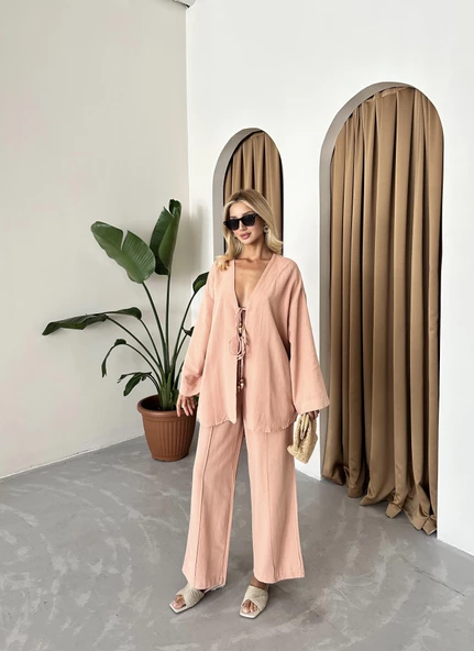 Pudra Boncuklu Kimono Keten Takım - 6