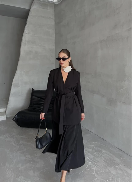 Siyah Elegant Kuşaklı Ceket - 8