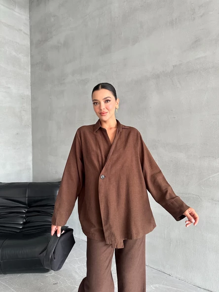 Kahve %100 Pamuk Kruvaze Kapama Tek Düğmeli Kimono Pantolon Takım - 3