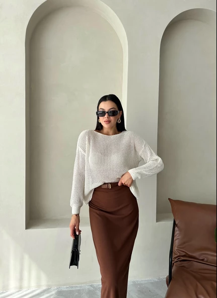 Kahve Mary Kemerli Krep Örme Etek - 7
