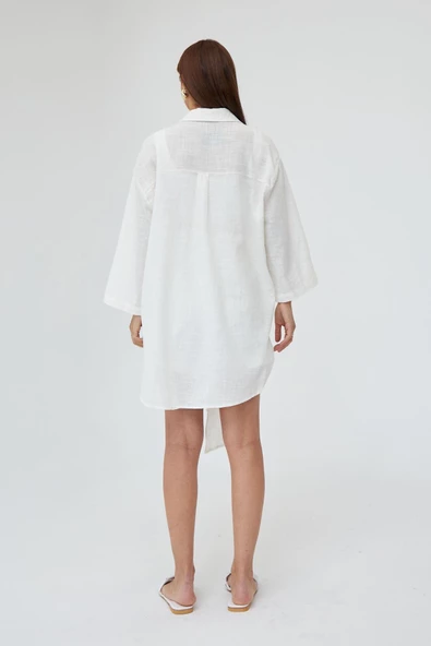Beyaz Flam Keten Kimono Gömlek - 11