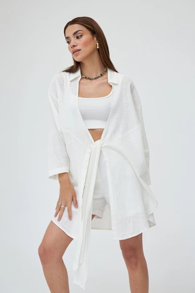 Beyaz Flam Keten Kimono Gömlek - 6