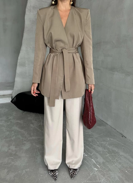 Haki Elegant Kuşaklı Ceket