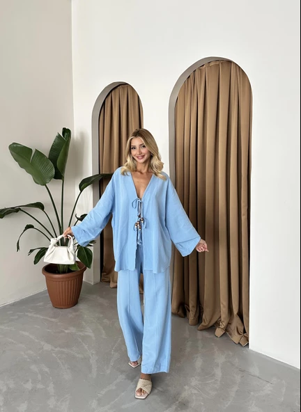 Mavi Boncuklu Kimono Keten Takım - 4