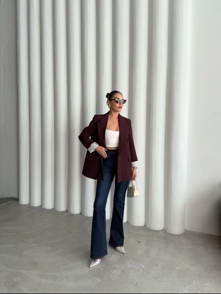 Mürdüm Kolu Katlamalı Blazer Ceket - 8