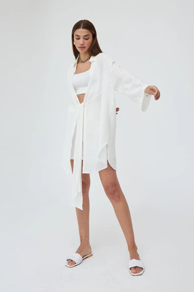 Beyaz Flam Keten Kimono Gömlek - 5