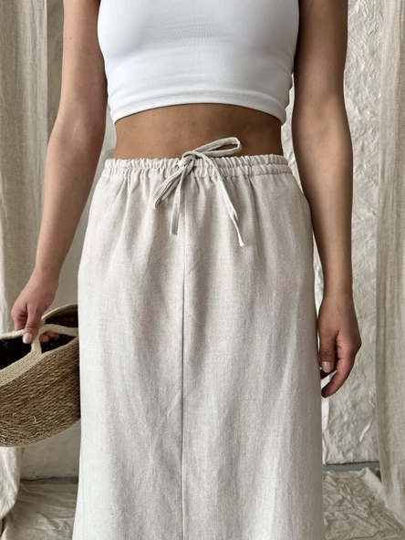 Krem Beli Lastikli Maxi Keten Etek - 3