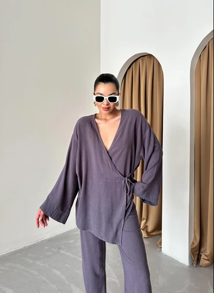 Antrasit Kruvaze Pamuklu Kimono Pantolon Takım - 6