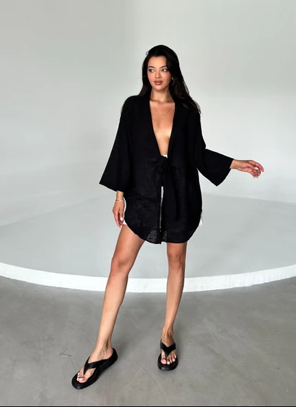 Siyah Flam Keten Kimono Gömlek - 3