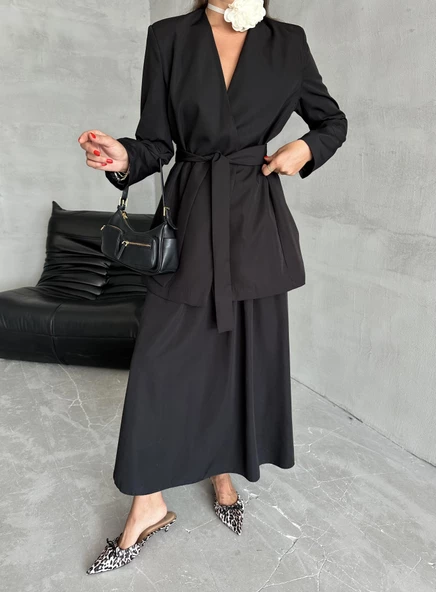 Siyah Elegant Kuşaklı Ceket - 2