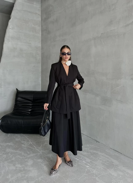 Siyah Elegant Kuşaklı Ceket - 6