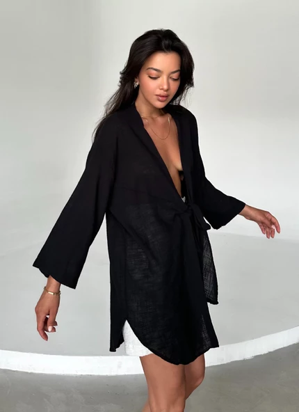 Siyah Flam Keten Kimono Gömlek - 4