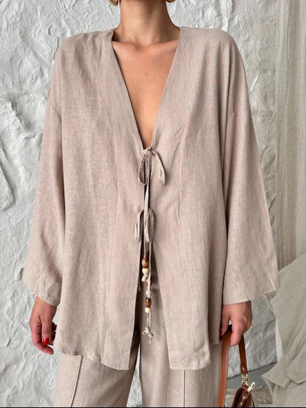 Vizon Boncuklu Kimono Keten Takım - 4