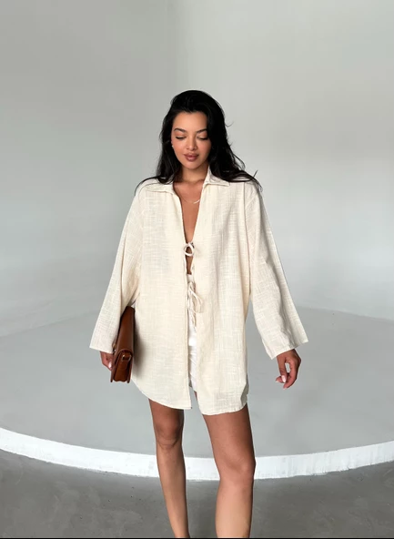 Taş %100 Keten Bağcık Detaylı Kimono Bluz - 4