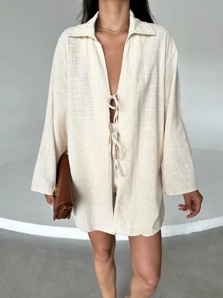 Taş %100 Keten Bağcık Detaylı Kimono Bluz