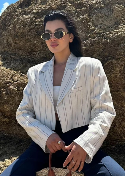 Çizgili Taş Pamuklu Keten Kumaş Crop Ceket