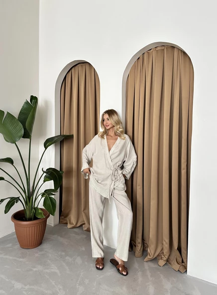 Taş Detaylı Yan Bağlamalı Keten Kumaş Kimono Takım - 7
