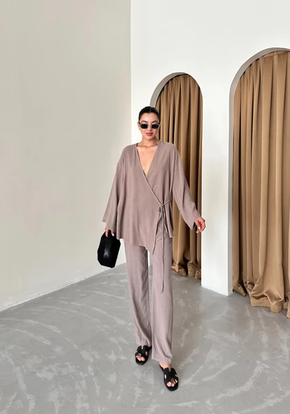 Vizon Kruvaze Pamuklu Kimono Pantolon Takım - 7
