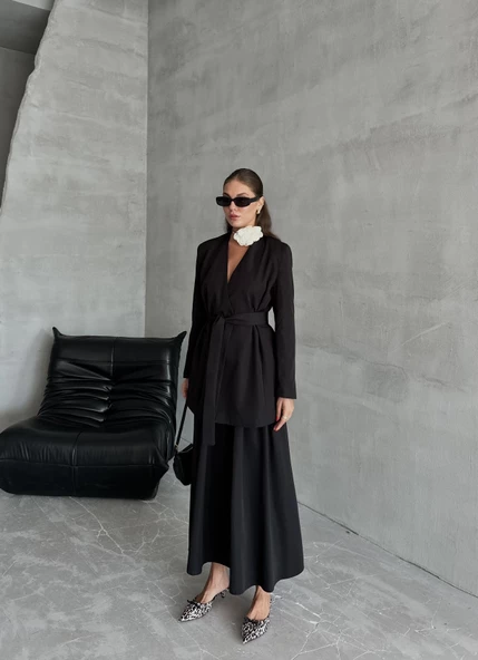 Siyah Elegant Kuşaklı Ceket - 7