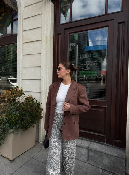 Kahverengi Latte Kemik Düğmeli Süet Ceket - 4