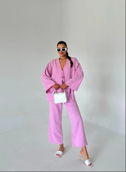 Pembe Boncuklu Kimono Keten Takım - 3