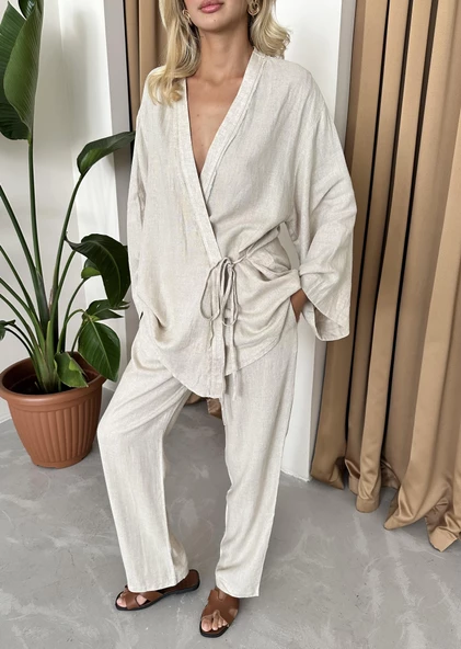 Taş Detaylı Yan Bağlamalı Keten Kumaş Kimono Takım - 2