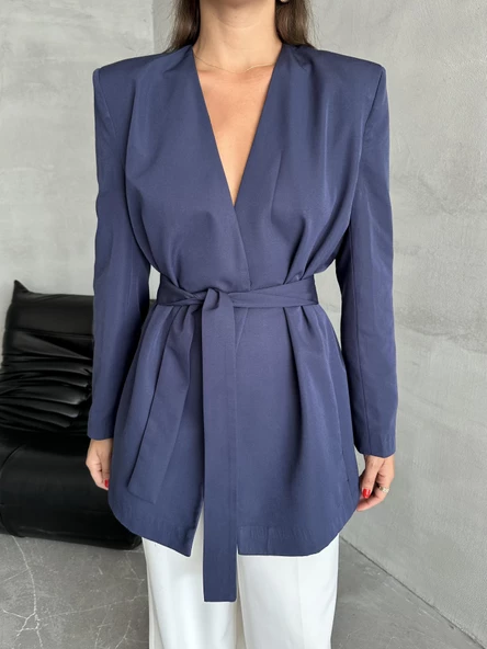 Lacivert Elegant Kuşaklı Ceket - 3