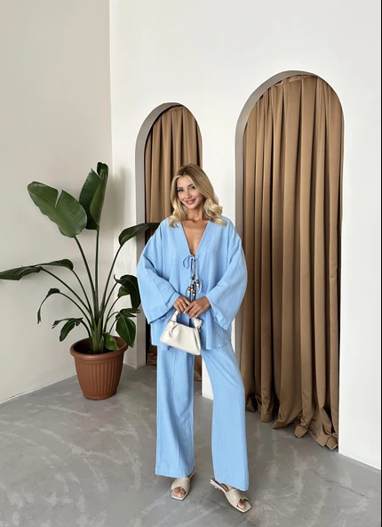 Mavi Boncuklu Kimono Keten Takım - 5