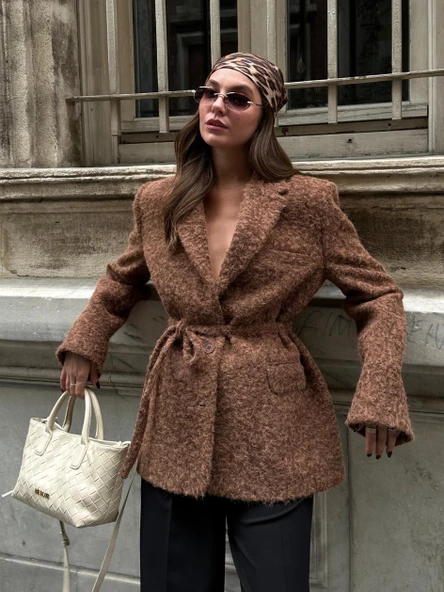 Kahve Buklet Kemerli Kaşe Blazer Ceket