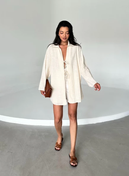 Taş %100 Keten Bağcık Detaylı Kimono Bluz - 6