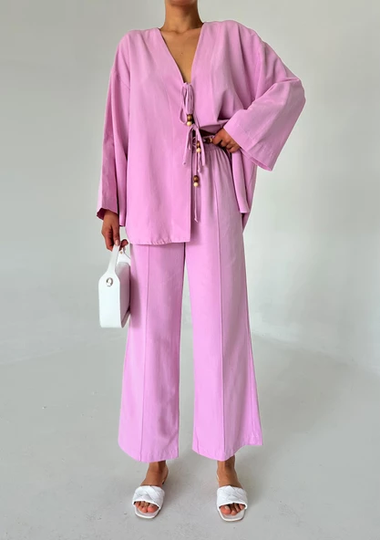 Pembe Boncuklu Kimono Keten Takım - 2