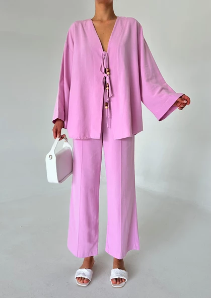 Pembe Boncuklu Kimono Keten Takım