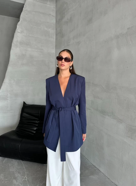 Lacivert Elegant Kuşaklı Ceket - 7