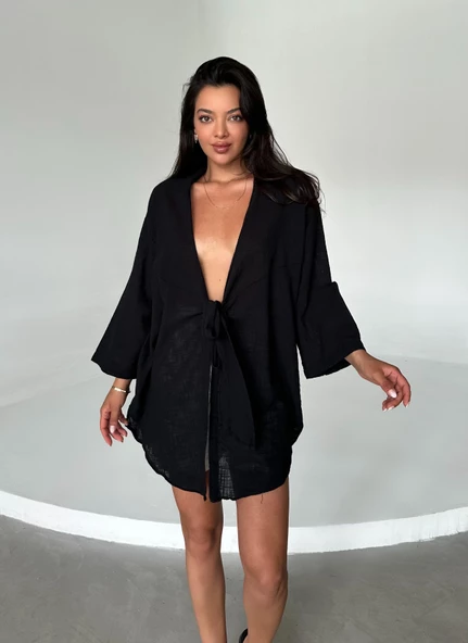 Siyah Flam Keten Kimono Gömlek - 5