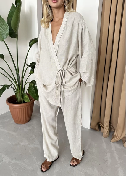 Taş Detaylı Yan Bağlamalı Keten Kumaş Kimono Takım