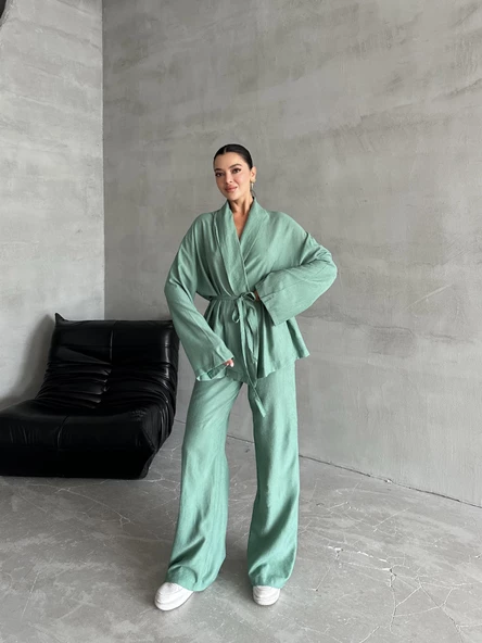 Mint Şal Yaka Kimono Pantolon Takım - 4
