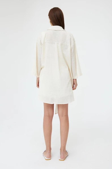 Taş Renk Flam Keten Kimono Gömlek - 6