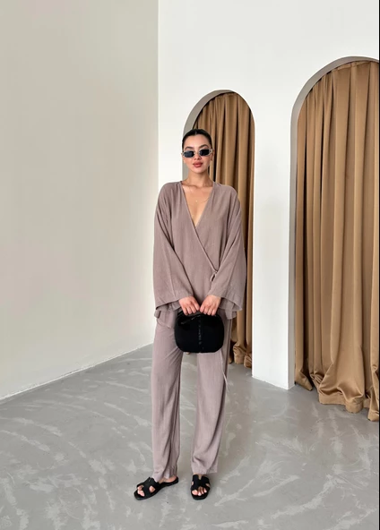 Vizon Kruvaze Pamuklu Kimono Pantolon Takım - 5
