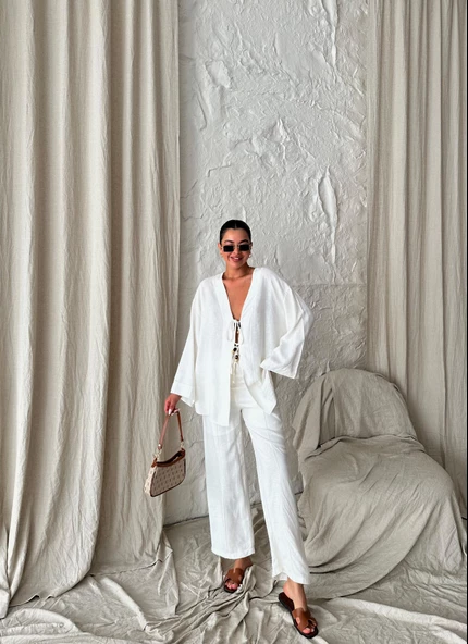 Ekru Boncuklu Kimono Keten Takım - 3