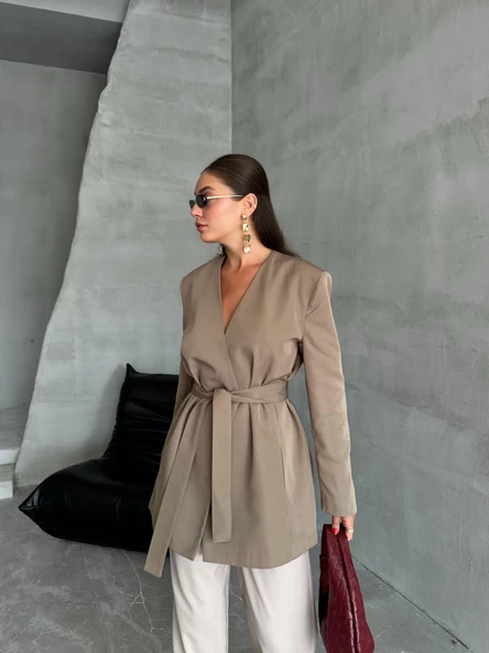 Haki Elegant Kuşaklı Ceket - 3