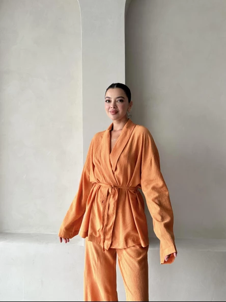 Turuncu Şal Yaka Kimono Pantolon Takım - 5