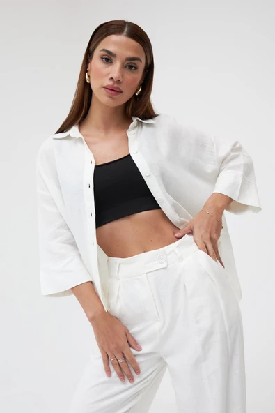 Ekru Keten Gömlek Pantolon İkili Takım