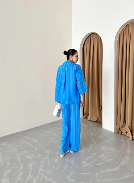 Mavi Fakir Kol Kendinden Çizgili Takım - Resim 6