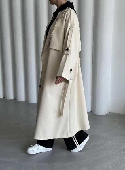 Taş Lucky Düğme Detaylı Oversize Trençkot - 4