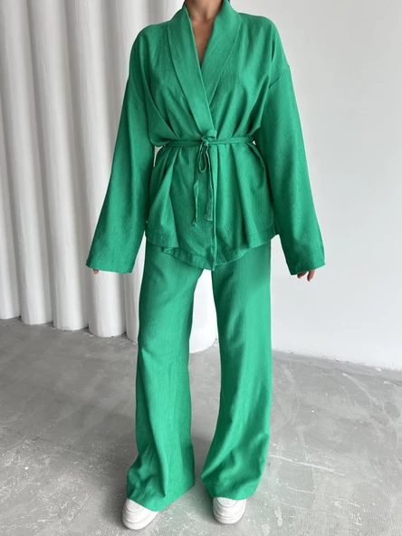 Yeşil Şal Yaka Kimono Pantolon Takım