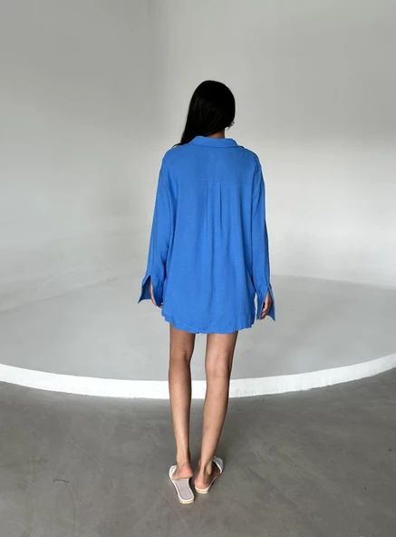 Mavi Summer Keten Oversize Gömlek Şort Takım - 7