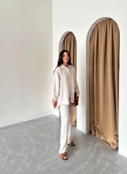 Bej Free Kendinden Çizgili Gömlek Pantolon Takım - 5