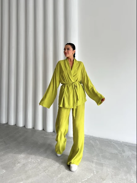 Fıstık Şal Yaka Kimono Pantolon Takım - 6